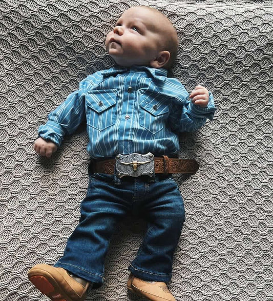 Vintage Blue Stripe Long Sleeve Pearl Snap Onesie