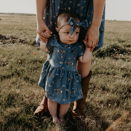 Cowgirl Blues Cotton Dress with Pockets / Matching Bow