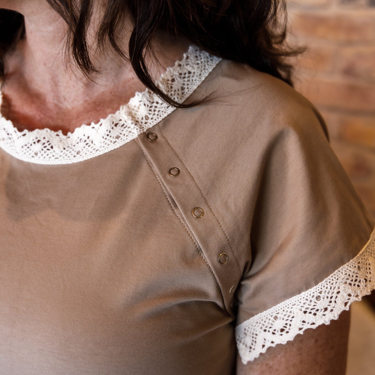 Oatmeal Hospital Approved Gown with Lace Trim