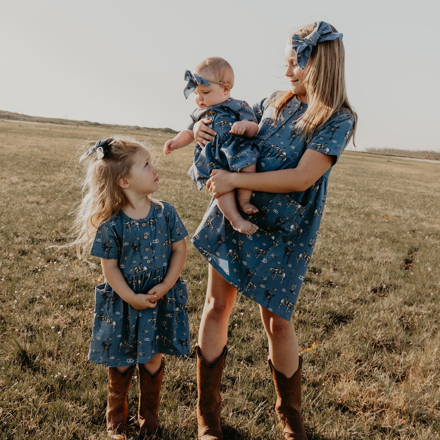 Cowgirl Blues Cotton Dress with Pockets / Matching Bow