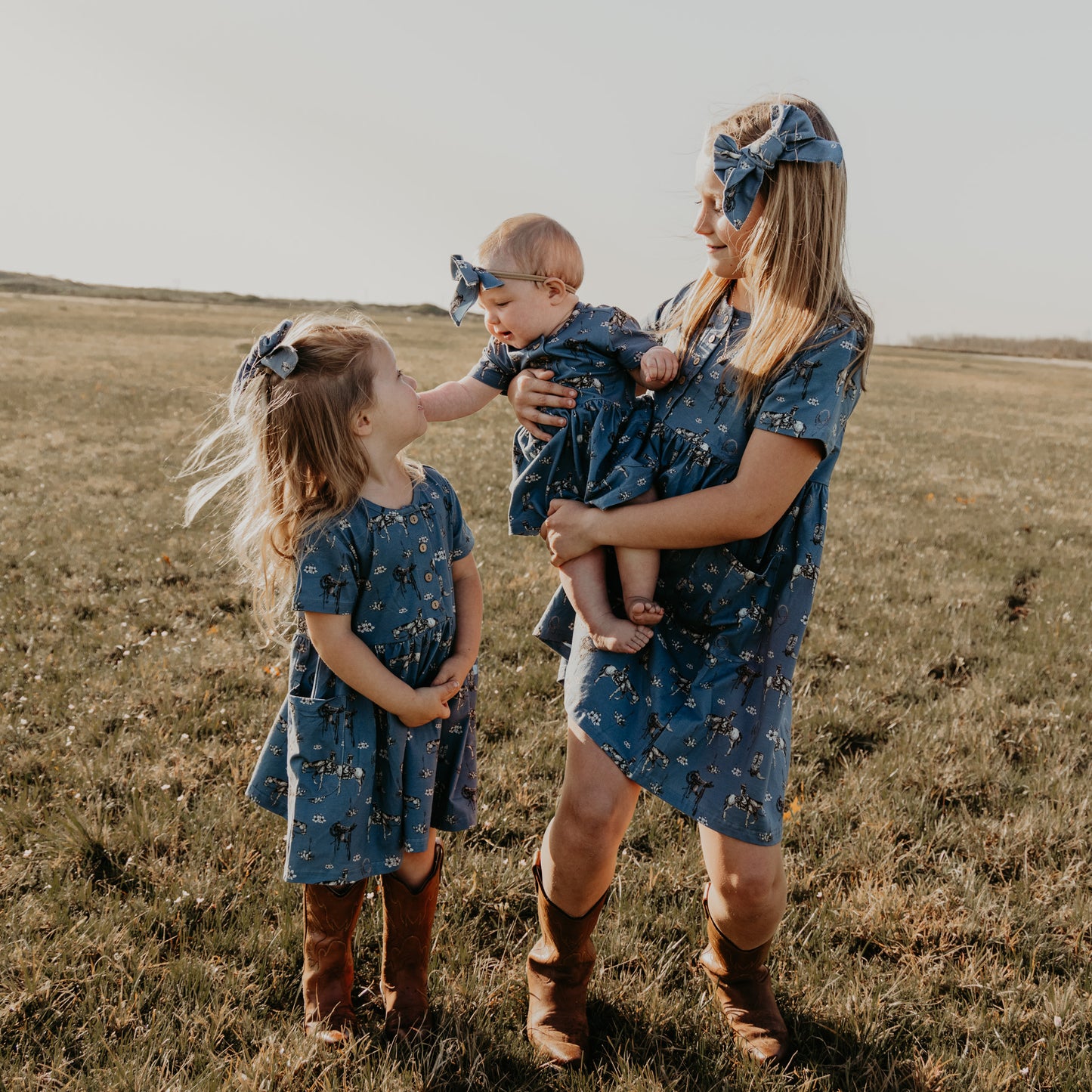 Cowgirl Blues Cotton Dress with Pockets / Matching Bow
