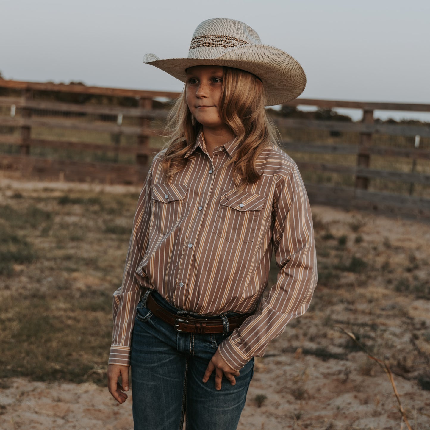 Maroon/Mustard Stripe Long Sleeve Pearl Snap (Toddler-Women's)
