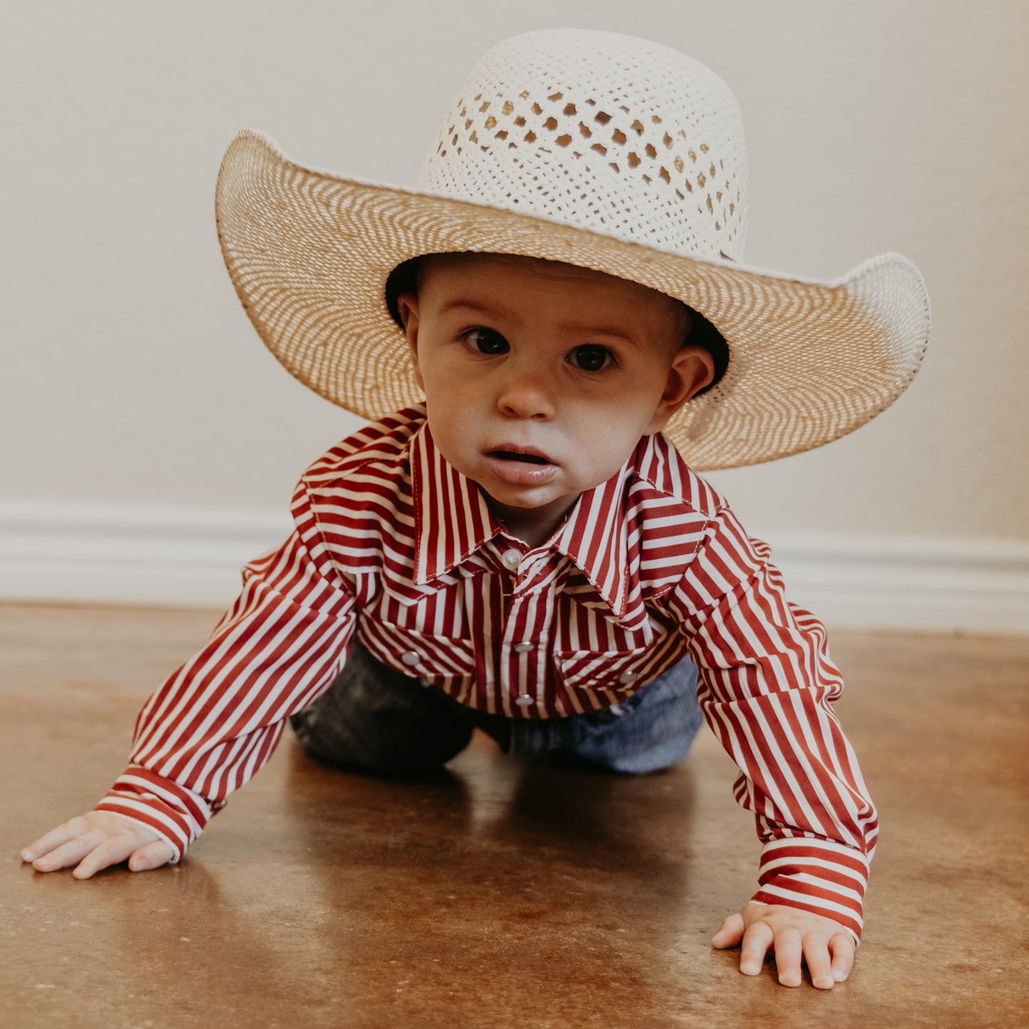 Red & White Stripe Long Sleeve Pearl Snap Onesie