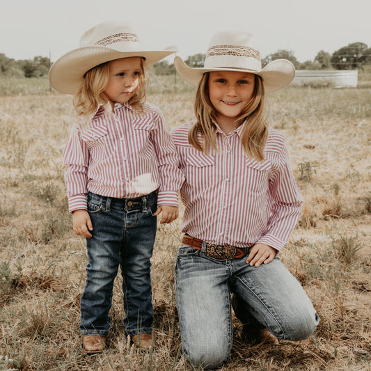 Pink & White Stripe Long Sleeve Pearl Snap