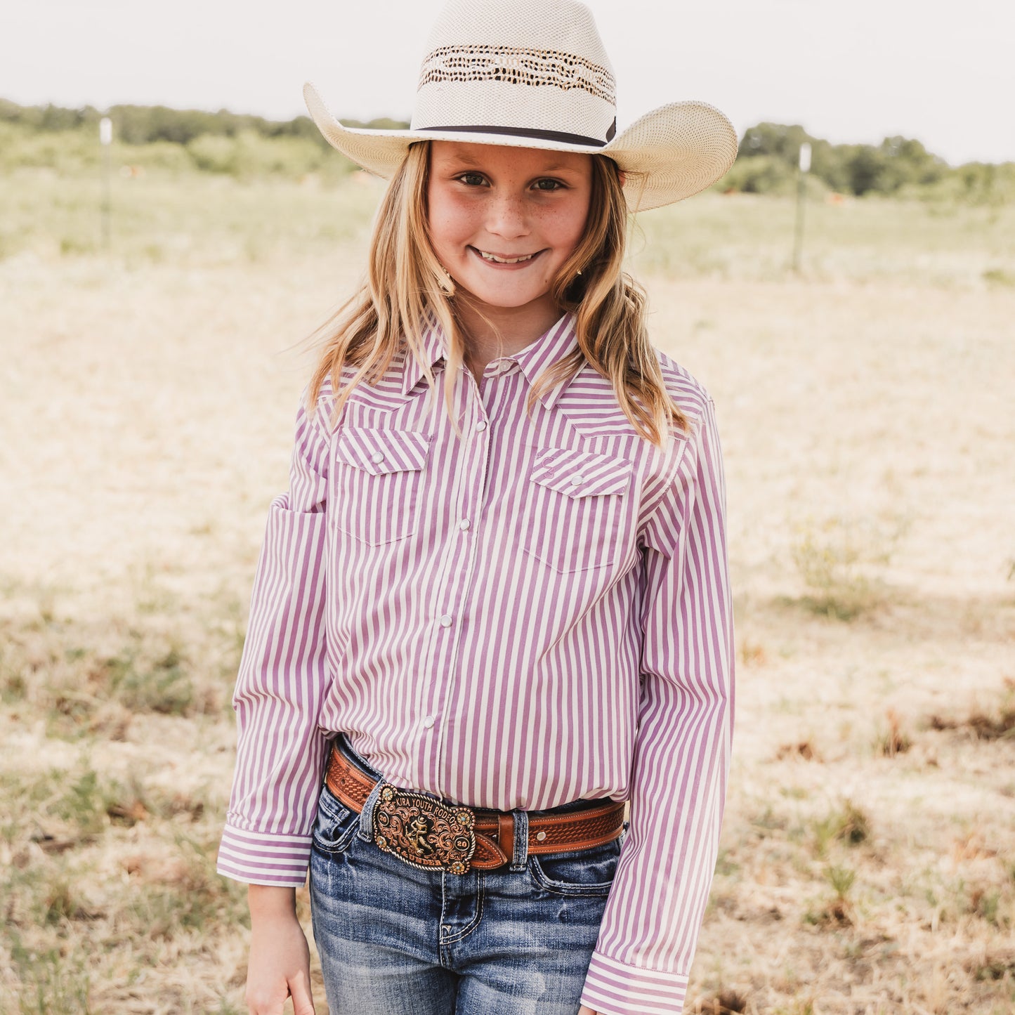 Pink & White Stripe Long Sleeve Pearl Snap