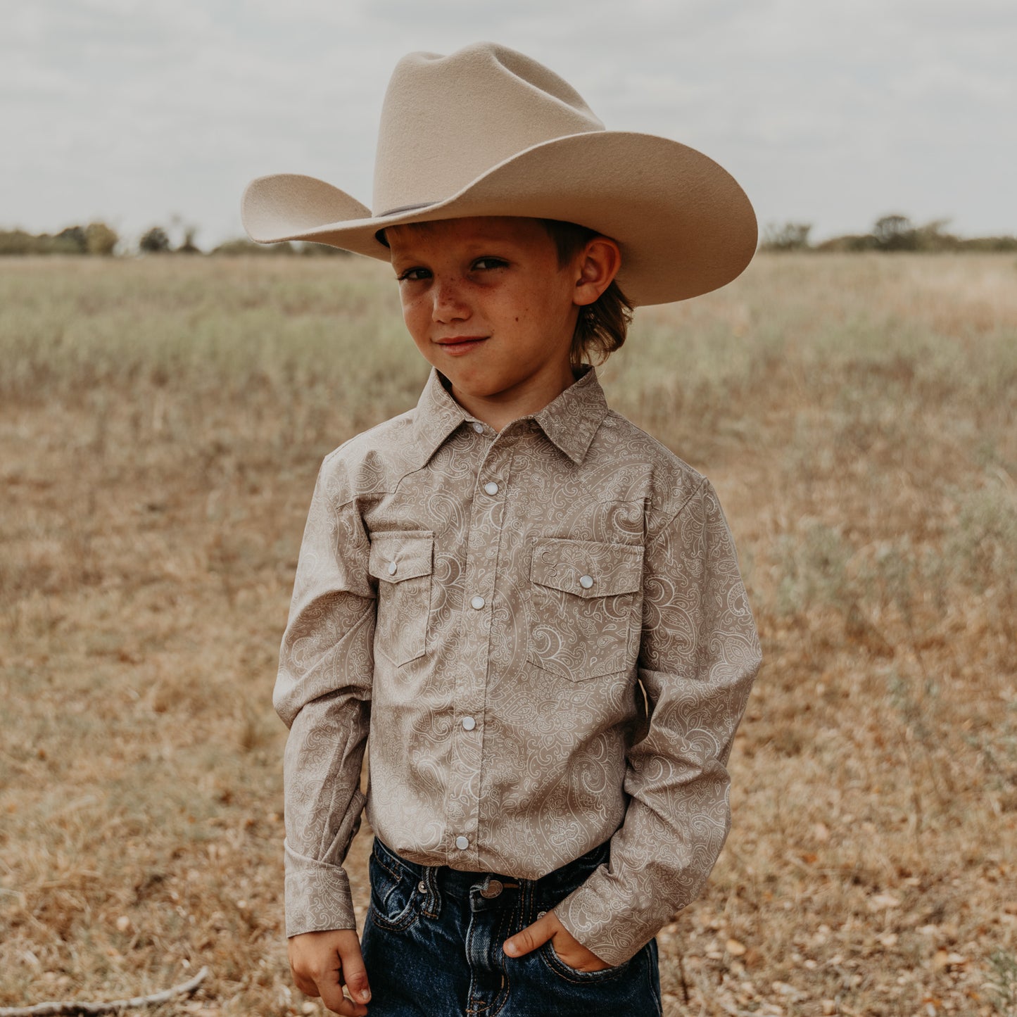 Beige Paisley Long Sleeve Pearl Snap (Toddler-Adult)