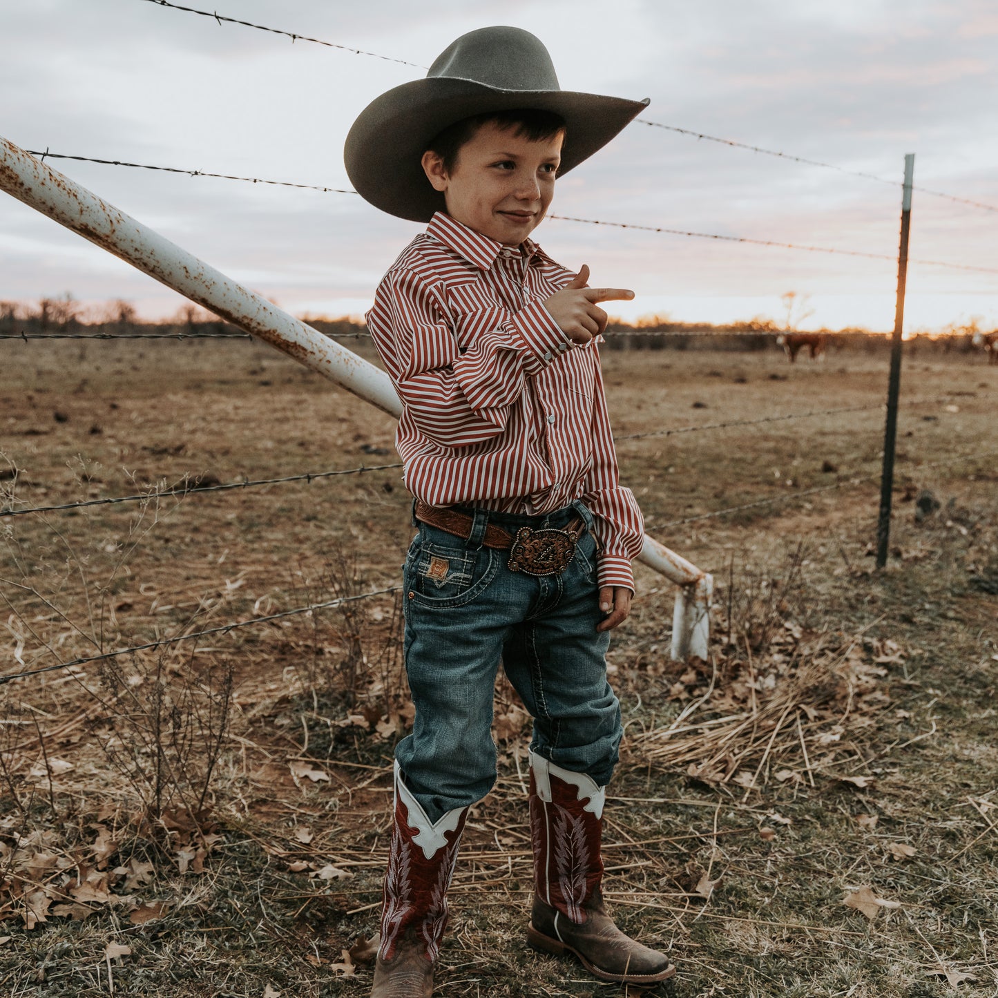 Red & White Stripe Long Sleeve Pearl Snap (Toddler-Adult)