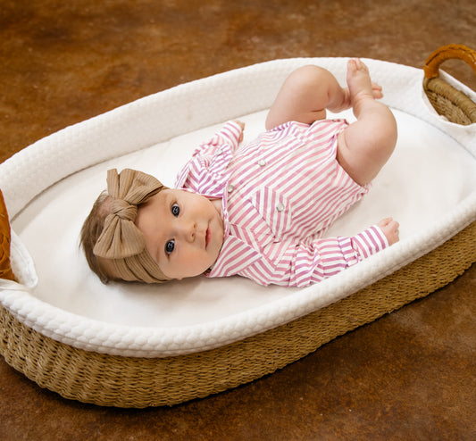 Pink & White Stripe Long Sleeve Pearl Snap Onesie