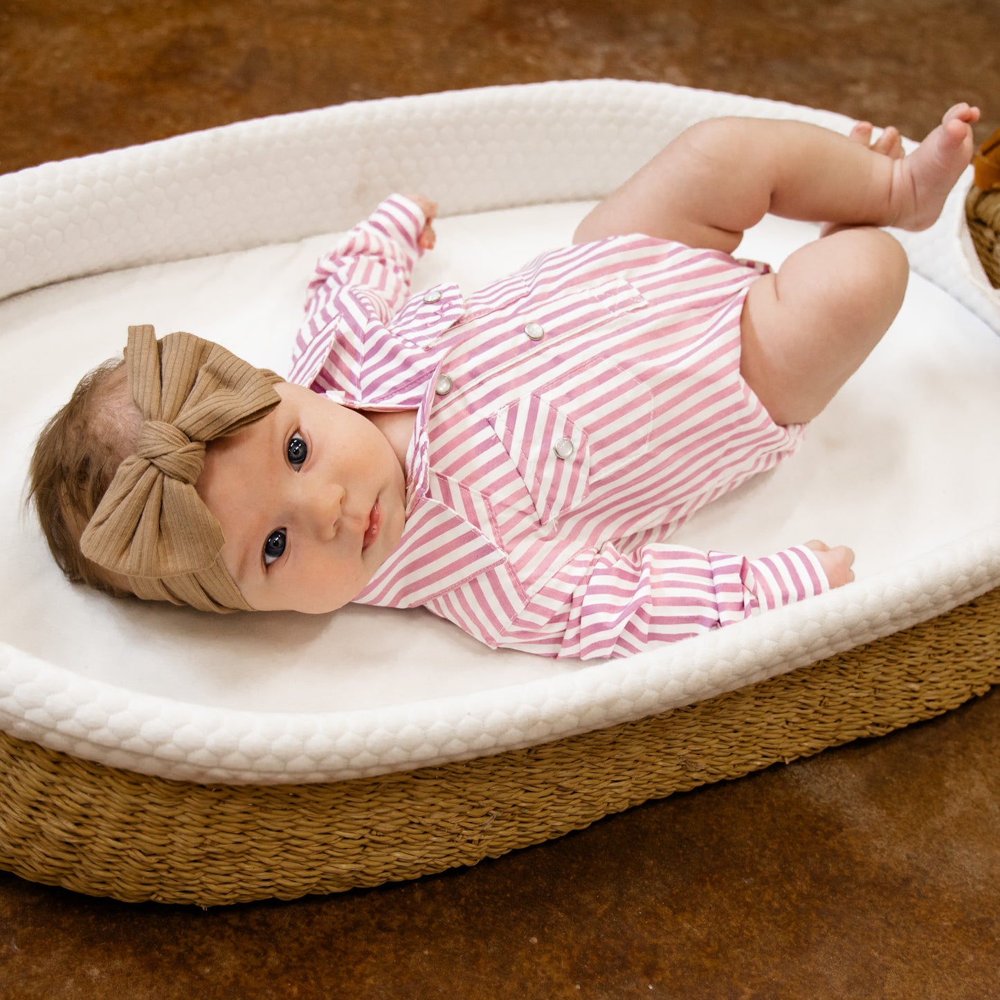 Pink & White Stripe Long Sleeve Pearl Snap Onesie