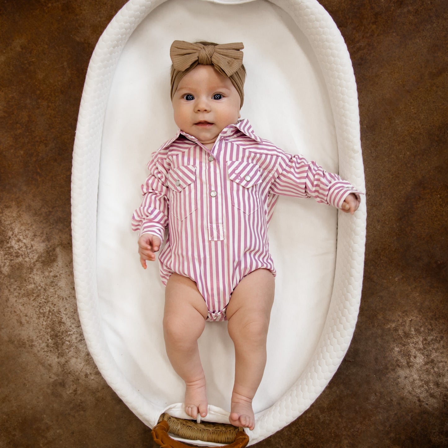 Pink & White Stripe Long Sleeve Pearl Snap Onesie