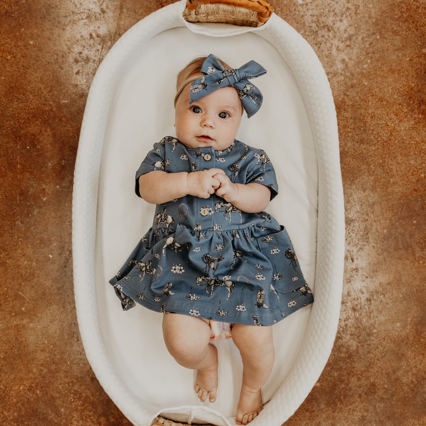 Cowgirl Blues Cotton Dress with Pockets / Matching Bow