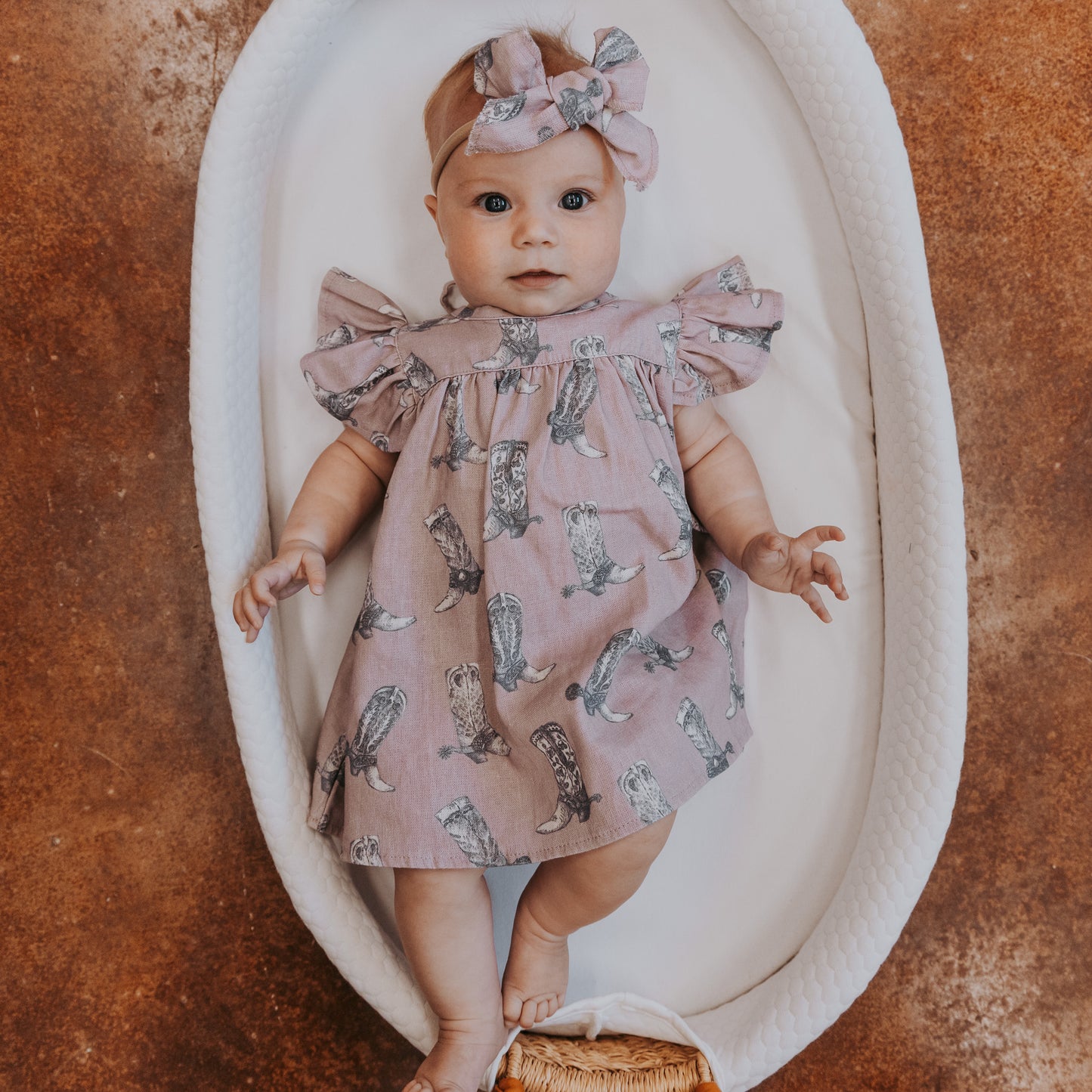 Dusty Rose Boots Cotton Linen Dress / Matching Bow
