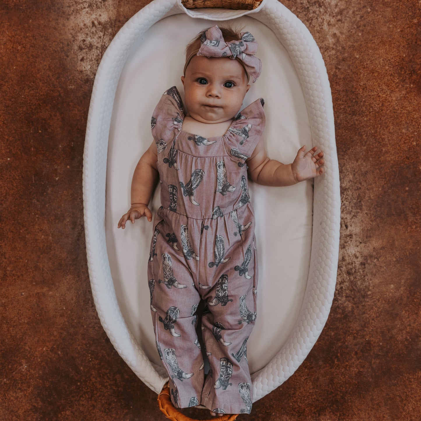 Dusty Rose Boots Cotton Linen Romper / Matching Bow