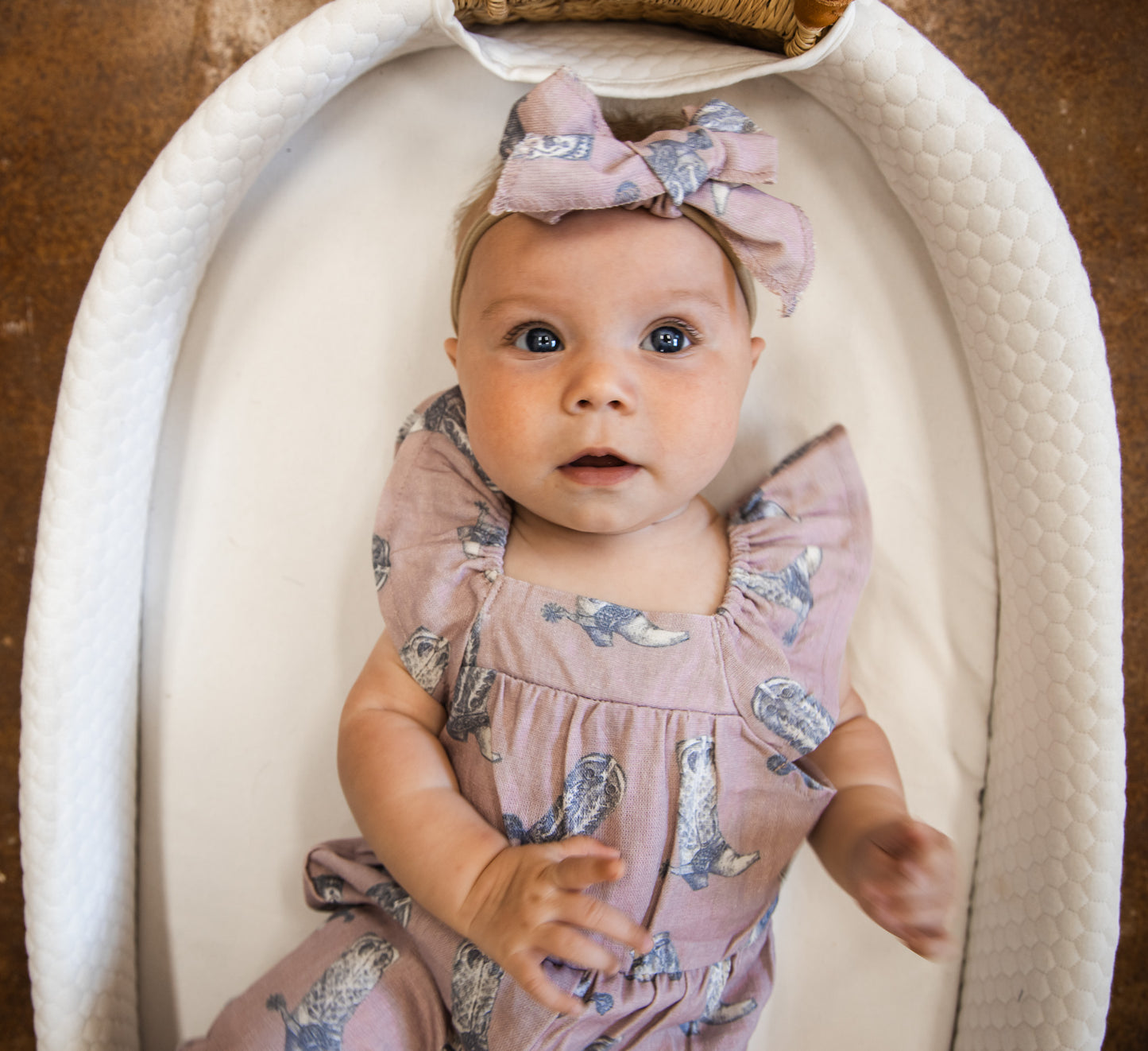 Dusty Rose Boots Cotton Linen Romper / Matching Bow