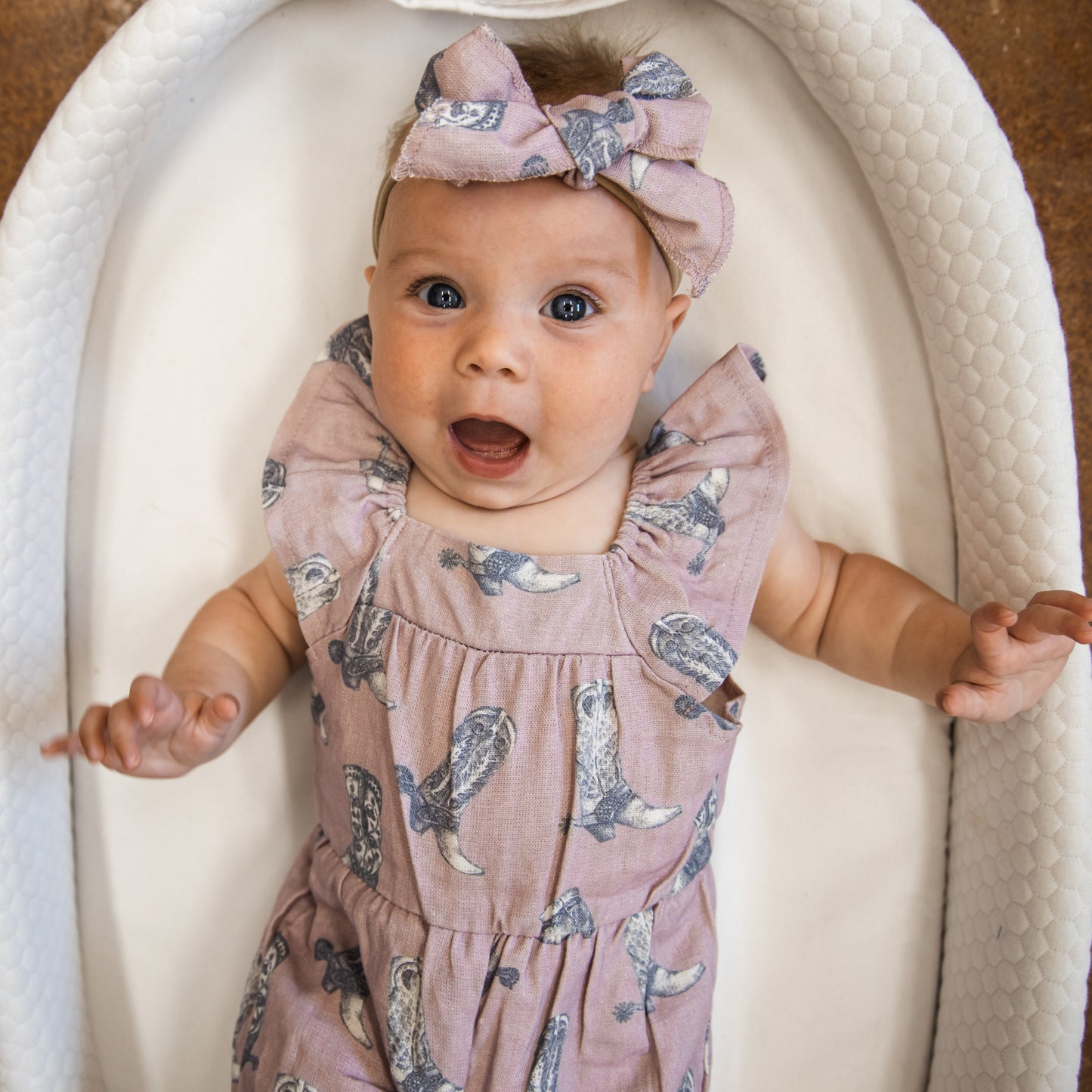 Dusty Rose Boots Cotton Linen Romper / Matching Bow