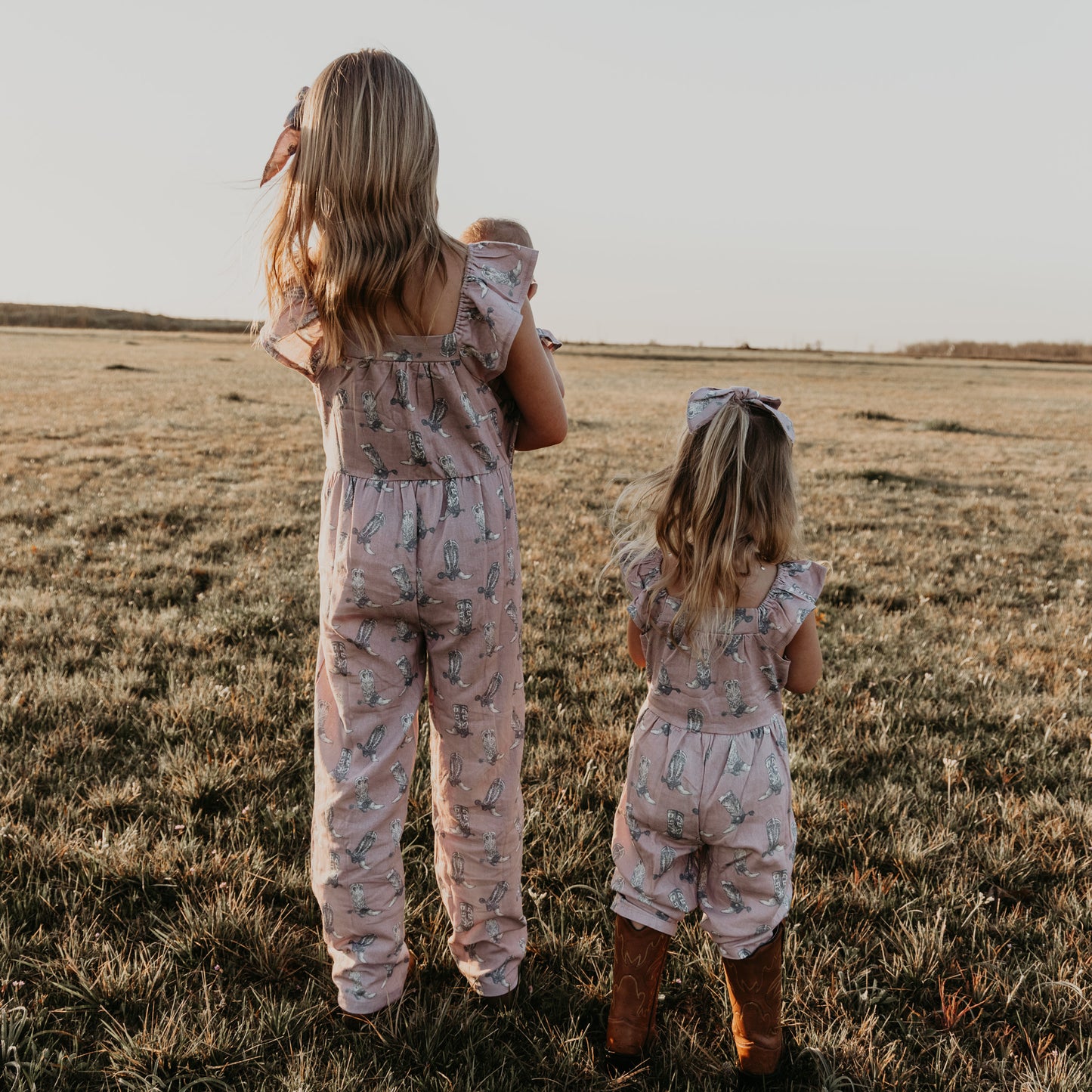 Dusty Rose Boots Cotton Linen Romper / Matching Bow