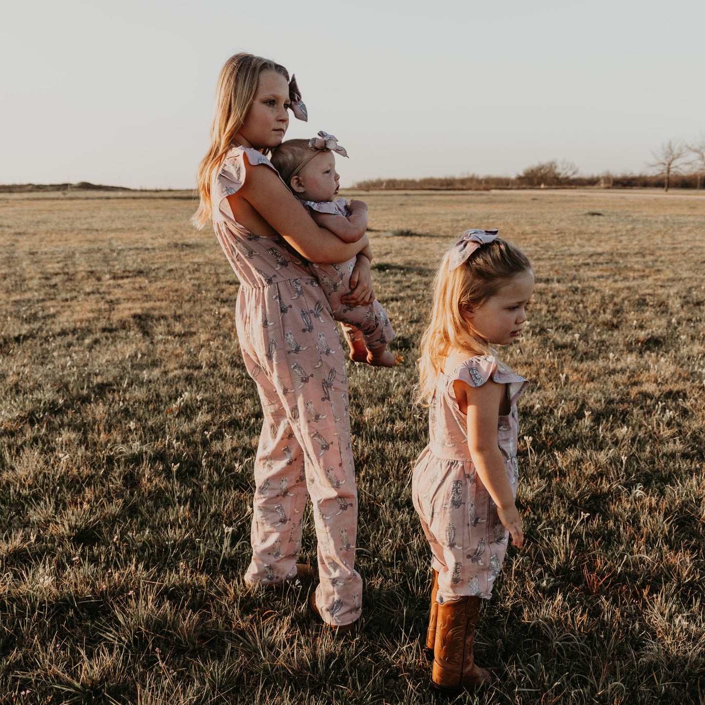 Dusty Rose Boots Cotton Linen Romper / Matching Bow