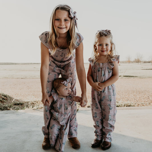 Dusty Rose Boots Cotton Linen Romper / Matching Bow