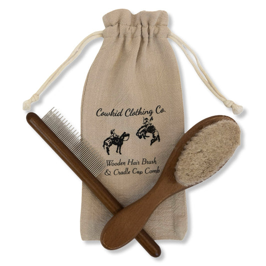 Wooden Hair Brush and Cradle Cap Comb Set