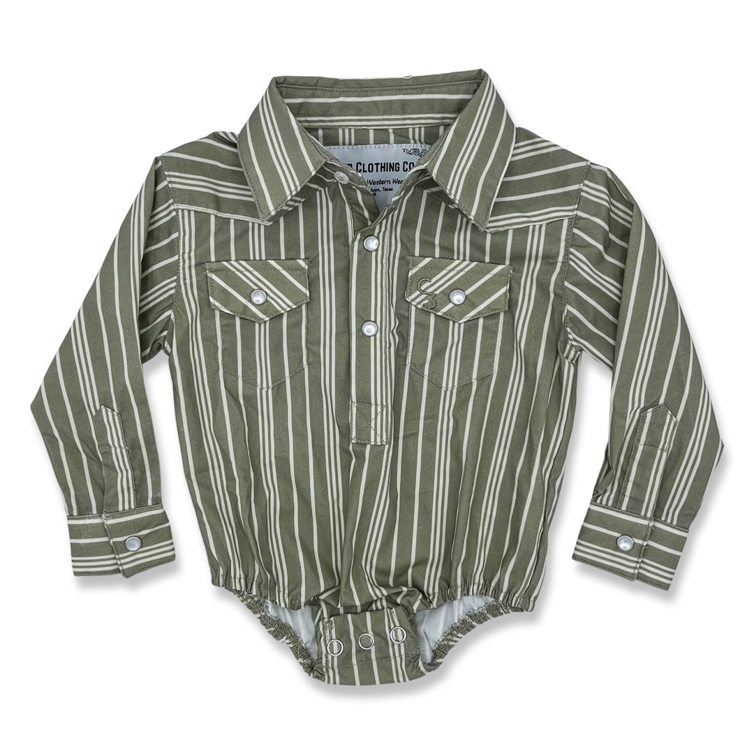 Vintage Green Stripe Long Sleeve Pearl Snap Onesie