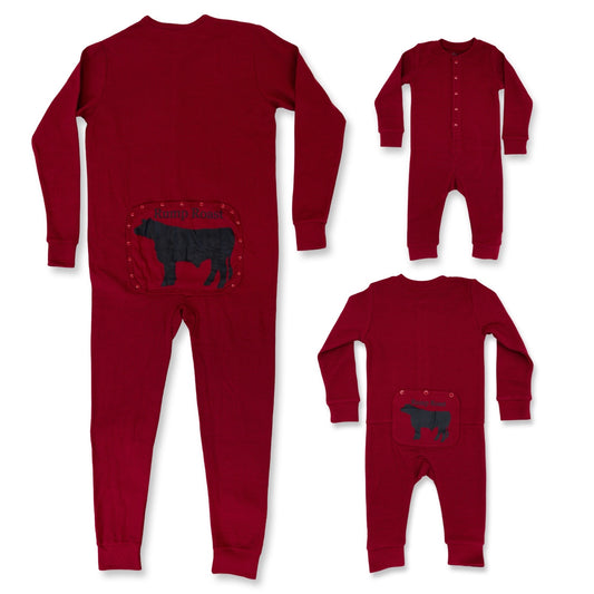 Red Waffle Long John Set with Butt Flap / Rump Roast (Infant-Adult)