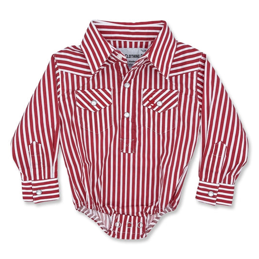 Red & White Stripe Long Sleeve Pearl Snap Onesie