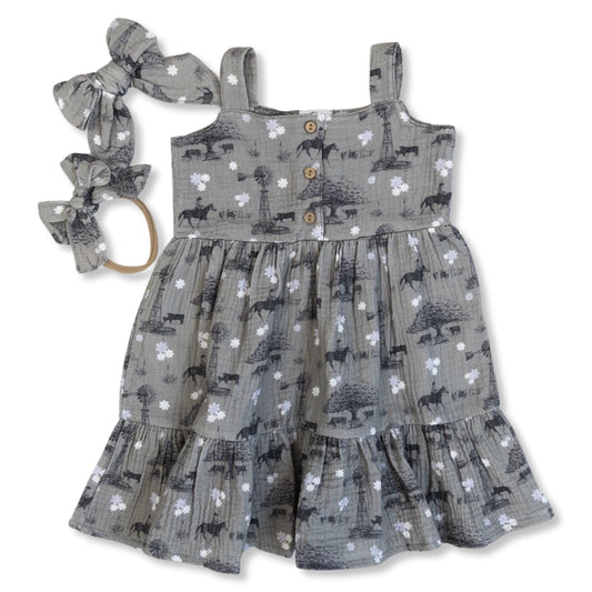 Sweet Grass Cotton Gauze Dress / Matching Bow