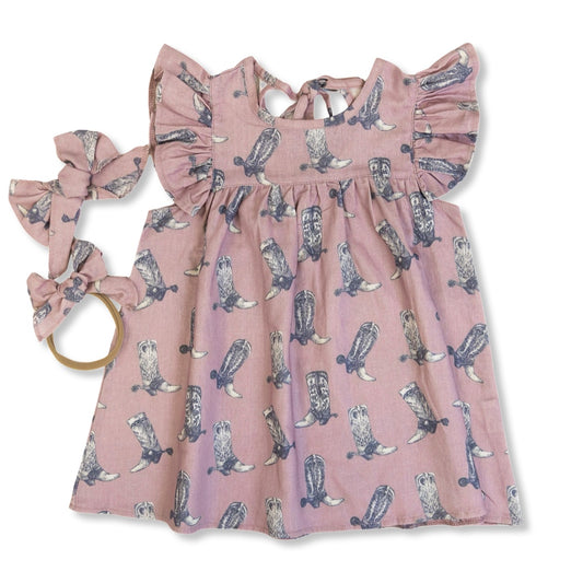Dusty Rose Boots Cotton Linen Dress / Matching Bow
