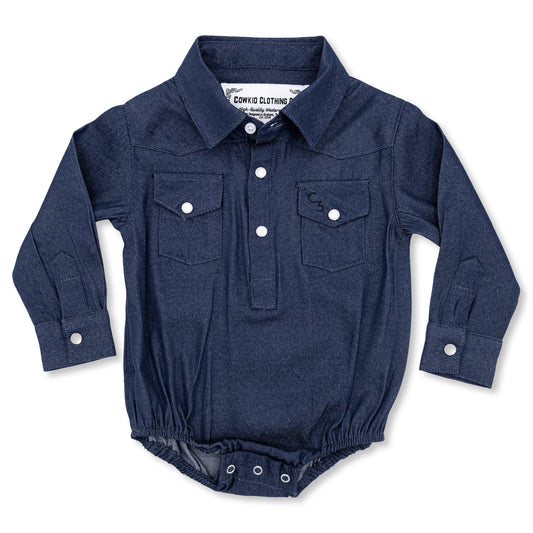 Dark Denim Long Sleeve Pearl Snap Onesie