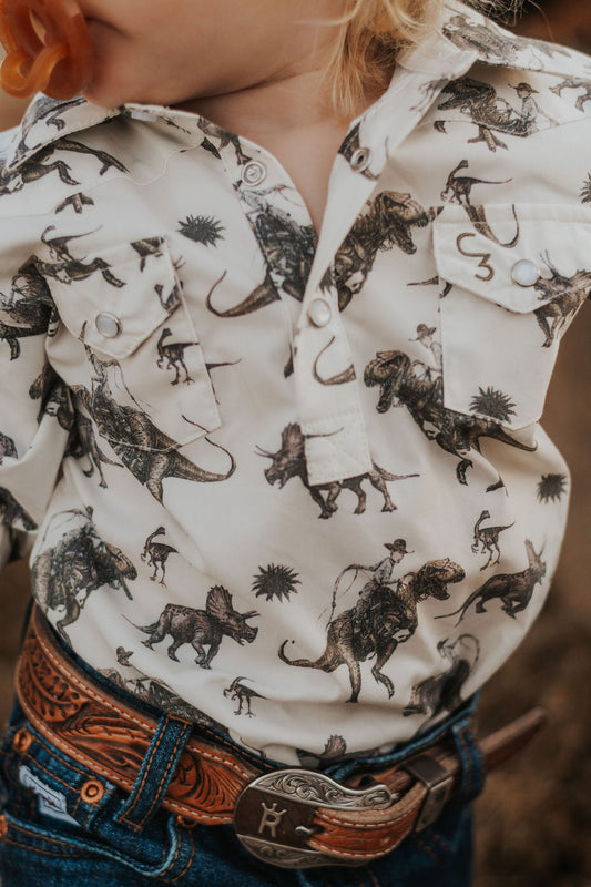 Cowboy Dino Long Sleeve Pearl Snap Onesie