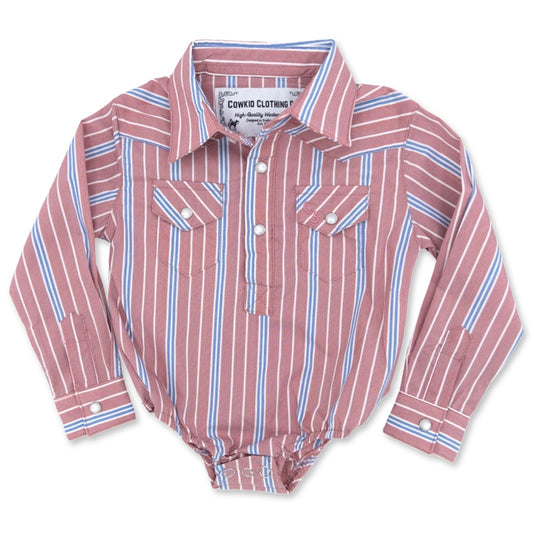Vintage Blue and Red Stripe Long Sleeve Pearl Snap Onesie