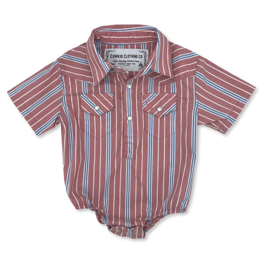 Vintage Blue and Red Stripe Short Sleeve Pearl Snap Onesie