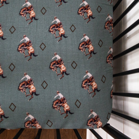 Teal Bronc Bamboo Muslin Crib Sheet