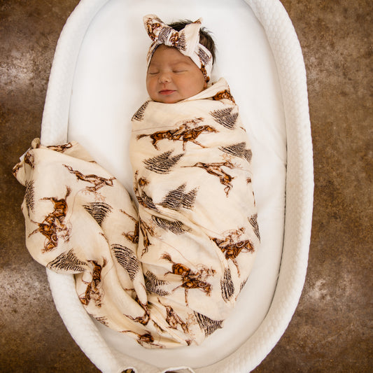 Vintage Beige Cowboy Christmas Bamboo Muslin Swaddle