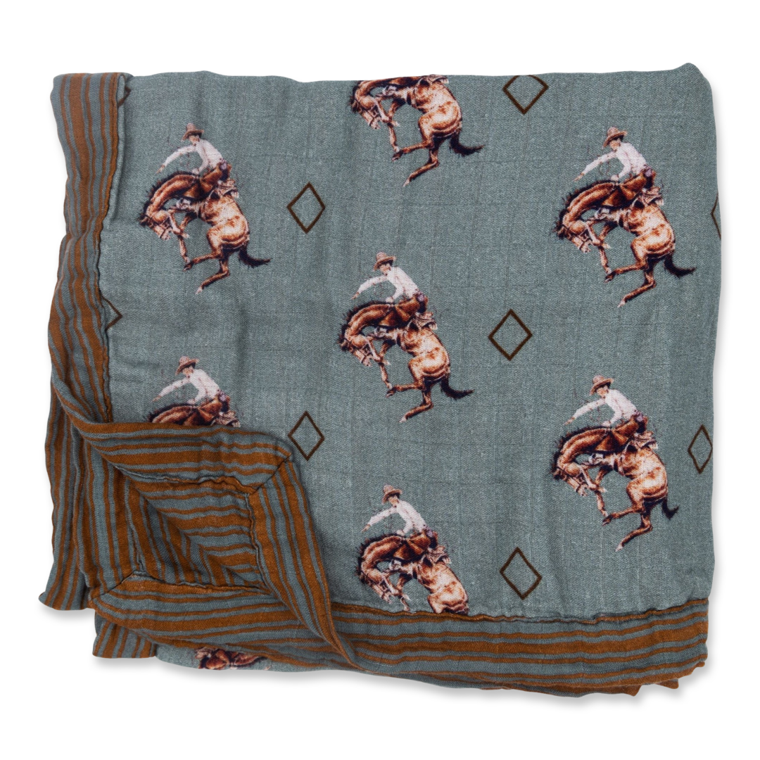 Teal Bronc Bamboo Muslin Blanket