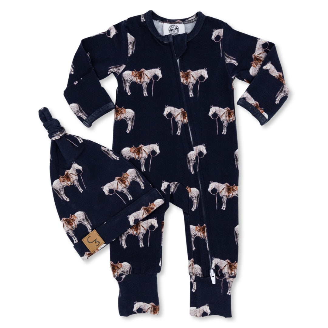 Navy Ranch Horse Folding Feet Jammies