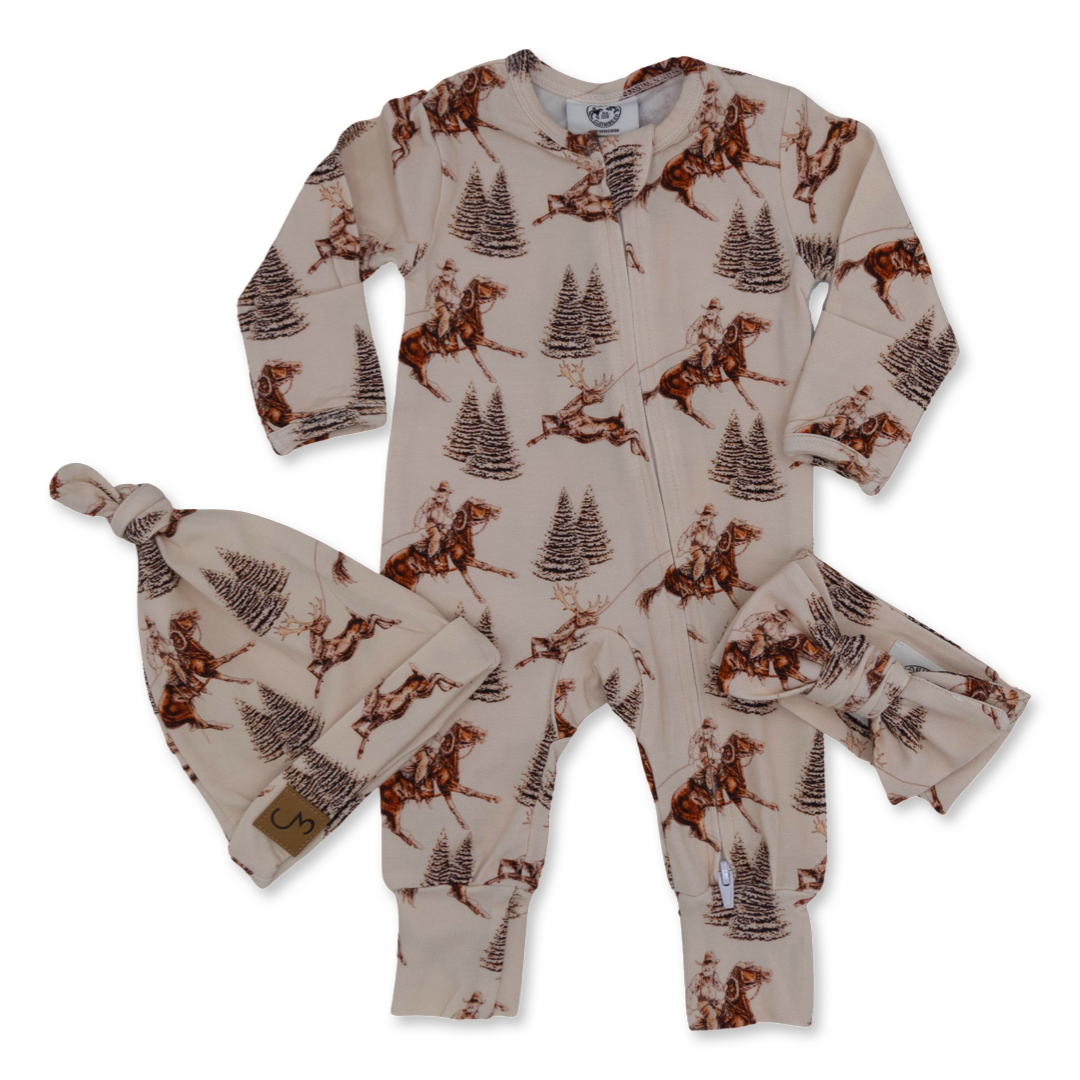 Vintage Beige Cowboy Christmas Folding Feet Jammies