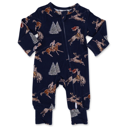 Classic Navy Cowboy Christmas Folding Feet Jammies
