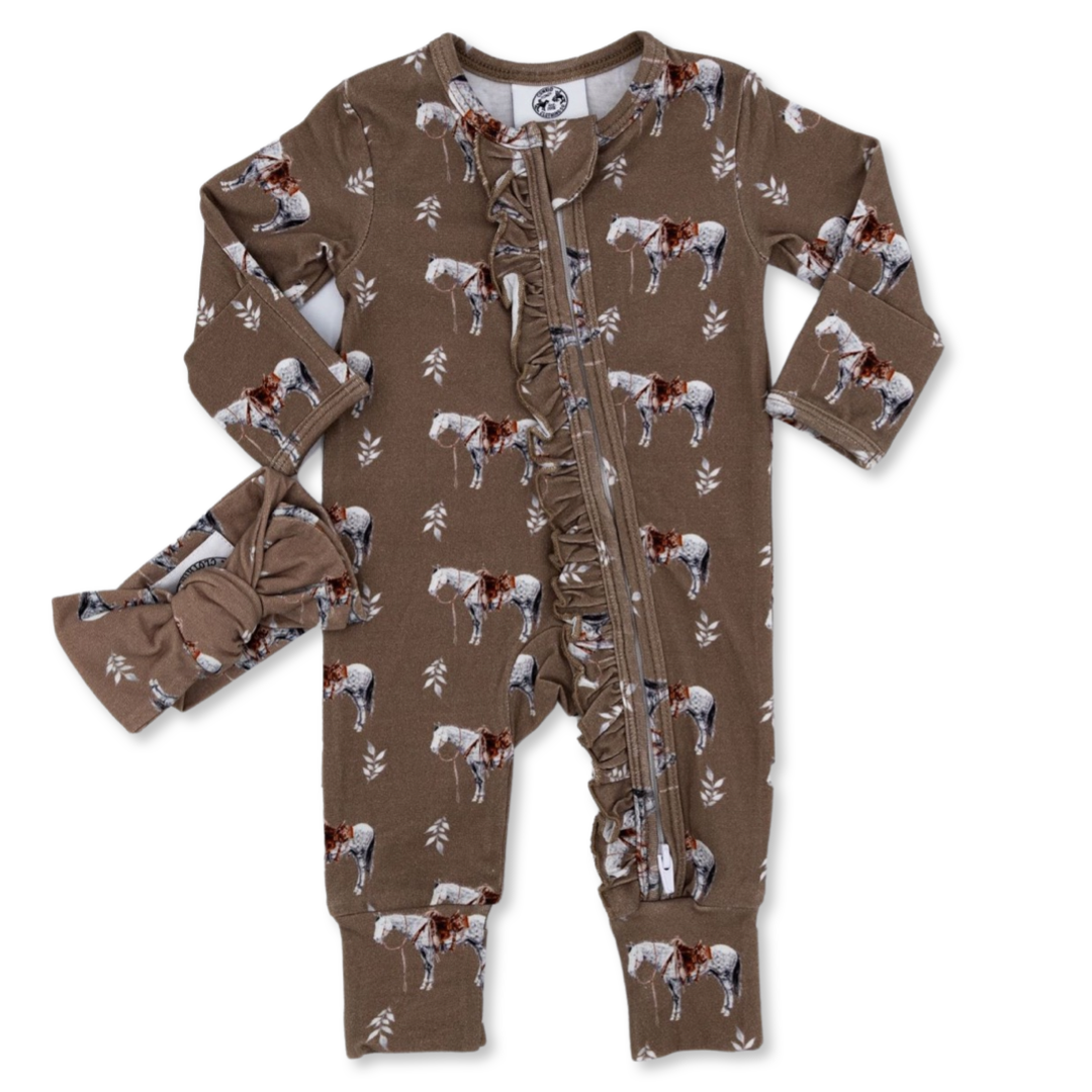 Almond Ranch Horse -Ruffled- Folding Feet Jammies