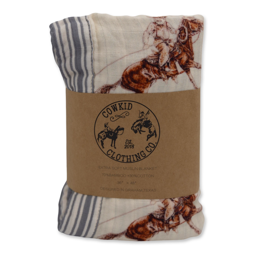 Vintage Beige Cowboy Christmas Bamboo Muslin Blanket