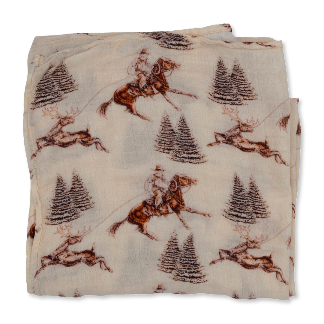 Vintage Beige Cowboy Christmas Bamboo Muslin Swaddle