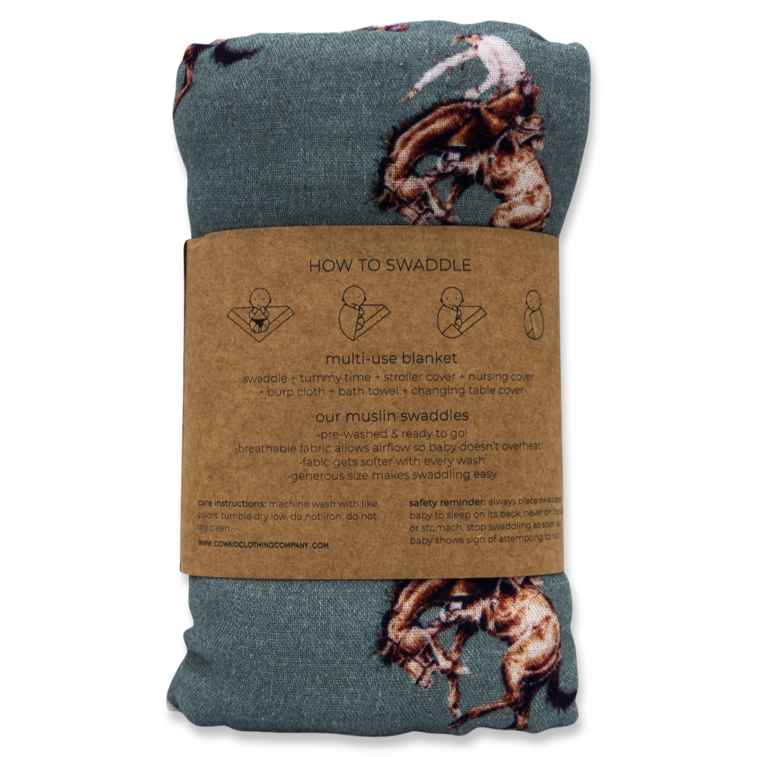 Teal Bronc Bamboo Muslin Swaddle