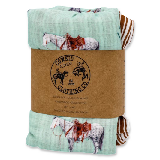 Sage Ranch Horse & Rust Stripe Bamboo Muslin Blanket