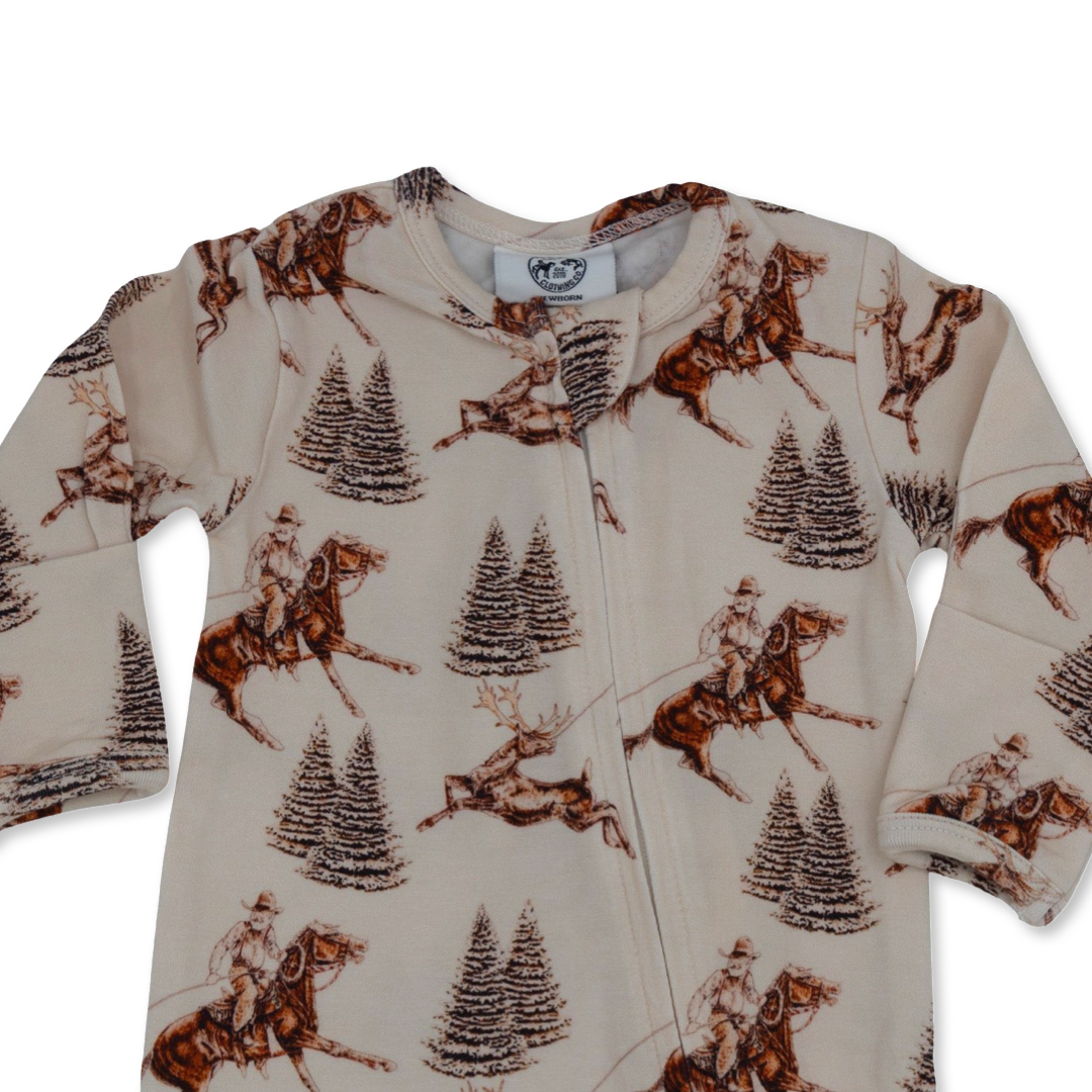 Vintage Beige Cowboy Christmas Folding Feet Jammies