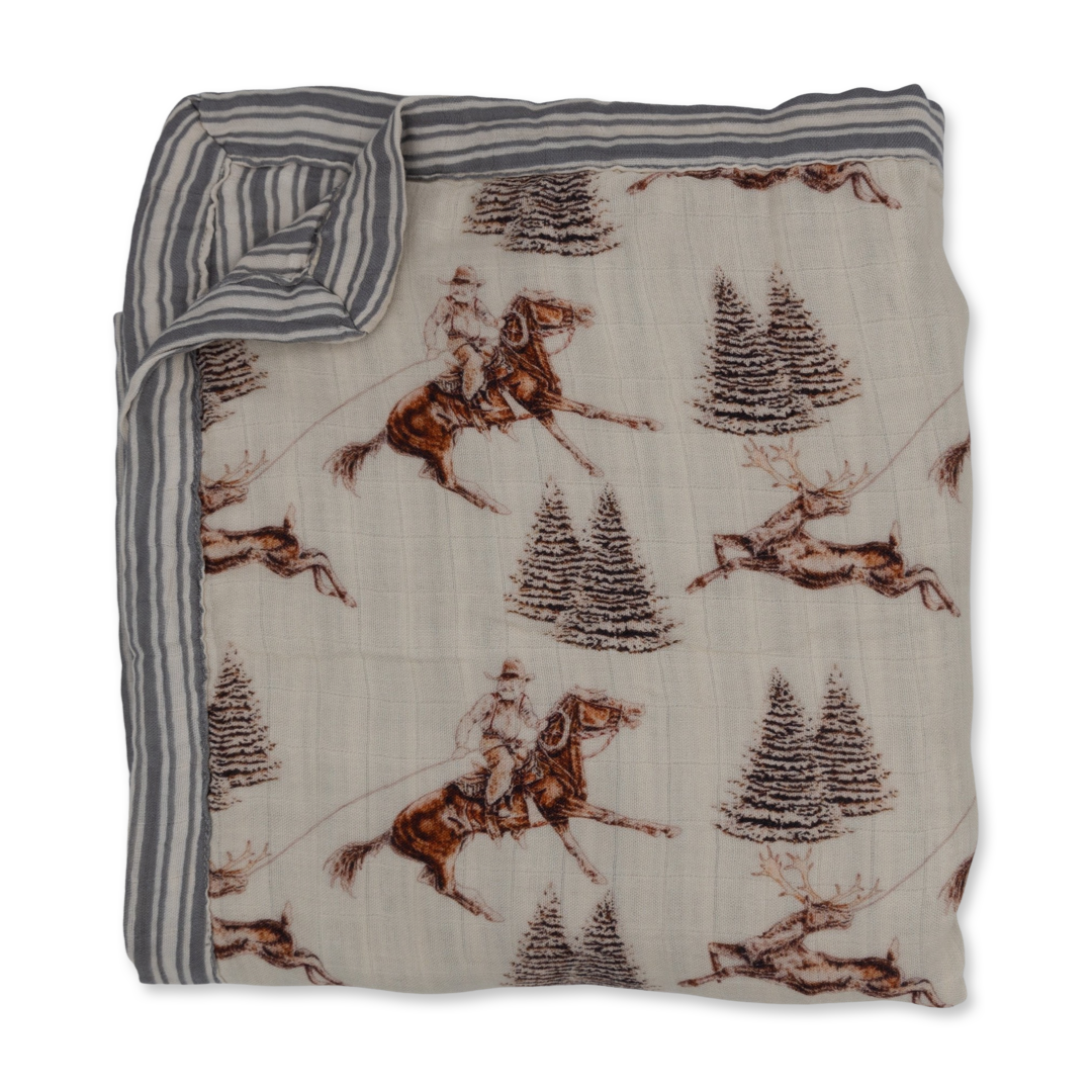 Vintage Beige Cowboy Christmas Bamboo Muslin Blanket