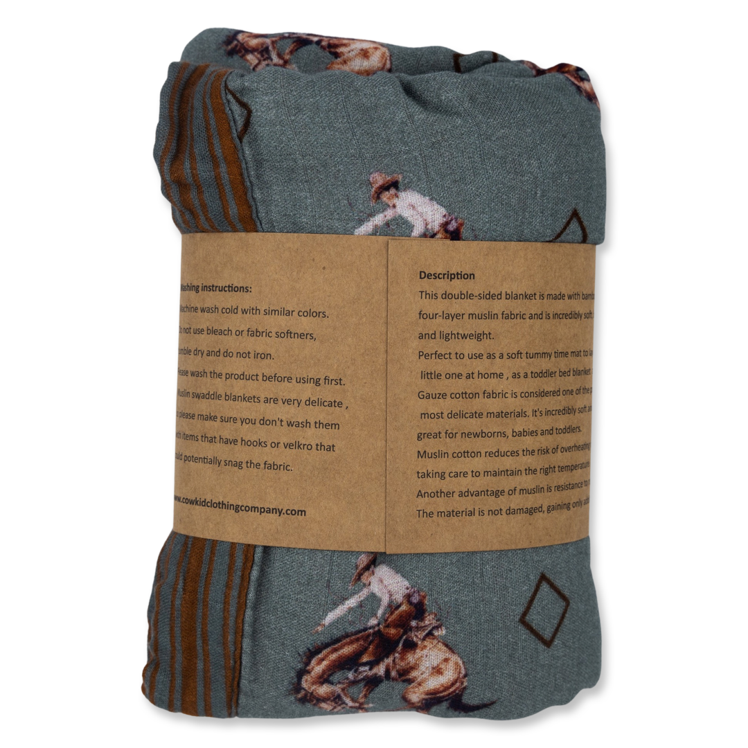 Teal Bronc Bamboo Muslin Blanket