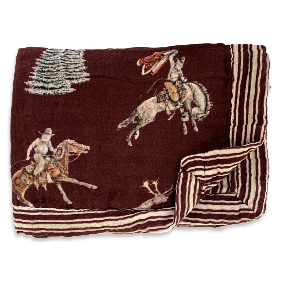 Traditional Red Cowboy Christmas Bamboo Muslin Blanket