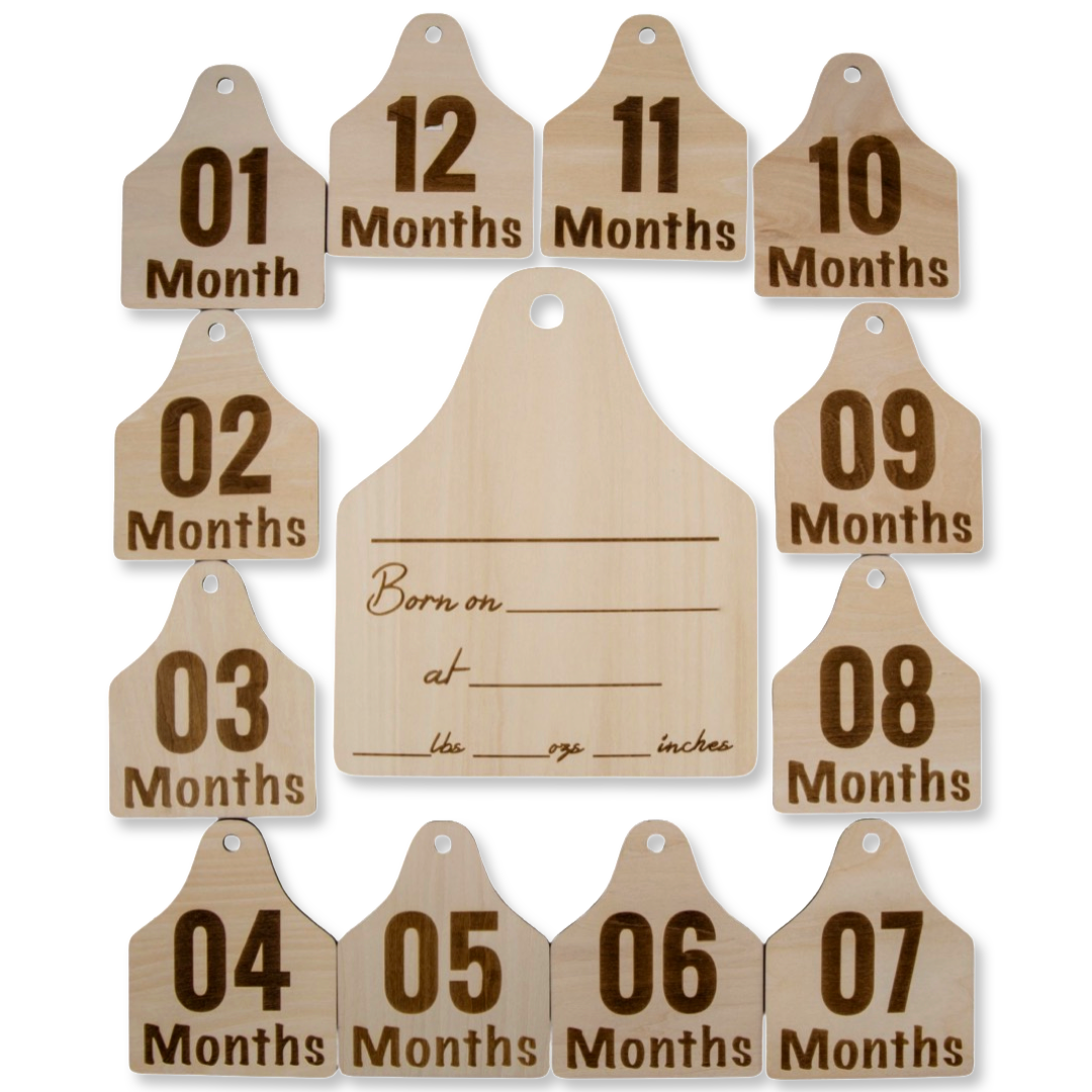 Cattle Tag Wood Announcement Sign & 12 Milestone Signs