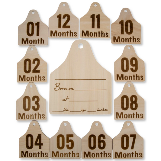 Cattle Tag Wood Announcement Sign & 12 Milestone Signs