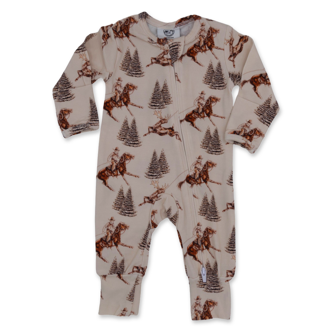 Vintage Beige Cowboy Christmas Folding Feet Jammies